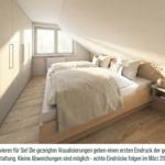 Schlafzimmer mit Dachschrägen, Bett, Nachttisch und Fenster.