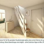 Haus mit Treppe und Eingangsbereich. Wohnbereich mit Sofa und Fenster sichtbar.