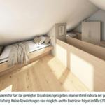 Schlafzimmer mit Einbaubett, Kleiderschrank und Holzboden unter Dachschrägen.