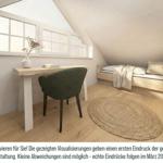 Schlafzimmer mit Dachschrägen, Schreibtisch, grüner Stuhl und Bett unter Dachschräge.