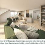 Wohnung mit grünem Sofa, Essbereich und Küche. Holzboden und große Fenster.