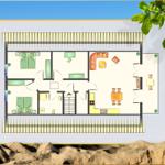 Funktionaler Grundriss einer Ferienwohnung mit Schlafzimmer, Küche und Bad.