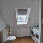 Duschbad mit Waschmaschine, Toilette und Dachfenster mit Blick auf Dächer.