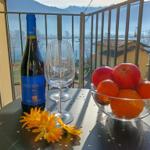 Auf der Terrasse steht ein Tisch mit Wein, Gläsern, Obst und Blumen. Im Hintergrund ist ein See und Berge zu sehen.