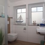 Badezimmer mit Dusche, Toilette, Waschbecken und Fenstern. Dekoration mit Segelboot und Handtuch.