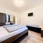 Zimmer mit Doppelbett, Schlafcouch, Fernseher und Spiegelschrank.