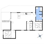 Apartment with kitchen, bathroom, bedroom, and covered terrace.