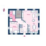 Apartment with living and dining area, kitchen, bedroom, and bathroom.