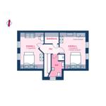 Apartment with two bedrooms, bathroom, and hallway.