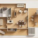 Wohnung mit Küche, Schlafzimmer, Bad und Terrasse mit Tisch und Sonnenschirm.