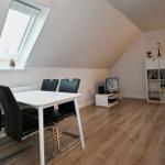 Dining area with white table, black chairs, TV, bookcase, and skylight.