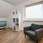 Wohnzimmer mit grauem Sessel, TV und Bücherregal. Holzboden und großes Fenster.