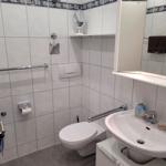Badezimmer mit Toilette, Waschbecken und Dusche. Weiße Fliesen und Spiegelschrank.