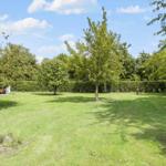 Large green garden with trees and hedge. Terrace with furniture on the left.