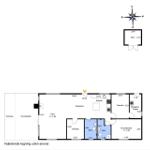 Functional floor plan with kitchen, bedrooms, and terrace. Built-in kitchen and shower visible.