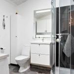 Bathroom with shower, sink and toilet. Window and mirror visible.