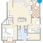 Wohnung mit Küche, Bad, Schlafzimmer und Terrasse mit Sonnenschirm.