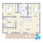 This apartment has two bedrooms, a bathroom, a kitchen, and a living room with terrace.