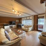 Living room with sofa, coffee table, and TV. Wooden walls and terrace door to the lake.