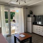 Living room with kitchenette, TV, and terrace with grill.