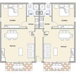 Two-story house with two bedrooms, two bathrooms, and two living areas.