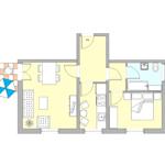 Wohnung mit Küche, Bad, Schlafzimmer und Terrasse mit Sonnenschirm.