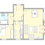 Dieses Apartment hat eine Küche, ein Schlafzimmer, ein Bad und eine Terrasse mit Sonnenschirm.