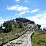 Stone path leads to a mountain with rocks and forest under blue sky.