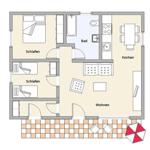 Apartment with kitchen, bathroom, living room, two bedrooms, terrace, and sun umbrella.