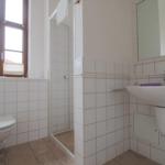 Badezimmer mit Toilette, Dusche und Waschbecken. Fenster mit Blick auf Dach.