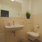 Badezimmer mit Waschbecken, Spiegel, Toilette und Pflanze an der Wand.