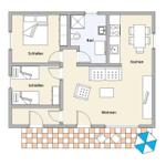 Two-room apartment with kitchen, bathroom, and terrace with sun umbrella.