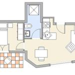 Zweizimmer-Wohnung mit Küche, Bad und Terrasse mit Sonnenschirm.
