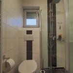 Bathroom with shower, toilet, and heater. Window with tinted glass.