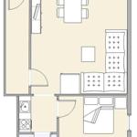 Apartment with bedroom, kitchen, and bathroom. Dining area and terrace available.