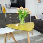 Ein Wohnzimmer mit Sofa, Couchtisch und Blumen. Hintergrund: Schrank und Fernseher.
