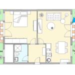Wohnung mit Schlafzimmer, Küche, Bad und zwei Terrassen.