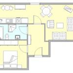 Wohnung mit Küche, Essbereich, Schlafzimmer und Bad.