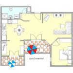 Wohnung mit Küche, Bad, Schlafzimmer und Terrasse zum Innenhof.