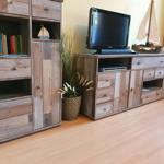 TV-Schrank mit Fernseher, Modellboot und Pflanze. Holzmöbel und hellbrauner Boden.
