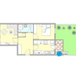 Dieses Apartment hat zwei Schlafzimmer, eine Küche, ein Bad und einen Garten mit Sonnenschirm.
