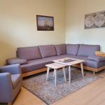 Ein Wohnzimmer mit grauem Sofa, Holztisch und Teppich auf Holzboden.