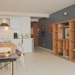 Küche mit Esstisch, Wohnbereich mit Bücherregal und grauer Wand.