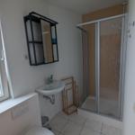 Badezimmer mit Dusche, Waschbecken und Toilette. Fenster sorgt für Tageslicht.