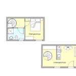 Obergeschoss mit Schlafzimmer und Bad. Untergeschoss mit Küche und Schlafbereich.