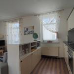 Wohnküche mit Sofa, TV, Globus und Fenster mit Vorhängen.