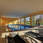 Innenpool mit Liegestühlen und Blick auf Garten.