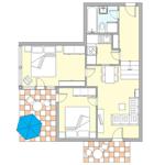 Wohnung mit zwei Schlafzimmern, Küche, Bad und Balkon mit Sonnenschirm.
