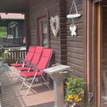 Deck with two red chairs, grill, and plants in front of a wooden house.