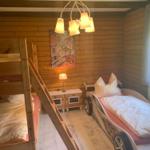 Room with bunk bed and car bed, wood wall, window and ceiling light.